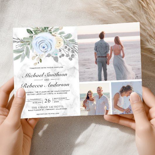 Dusty Blue Floral White Marble QR Code Wedding