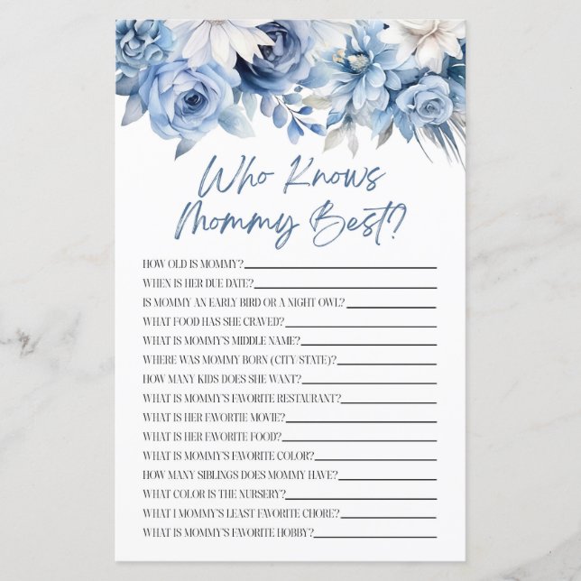 Dusty Blue Floral Wie kent mama Baby shower spel (Voorkant)