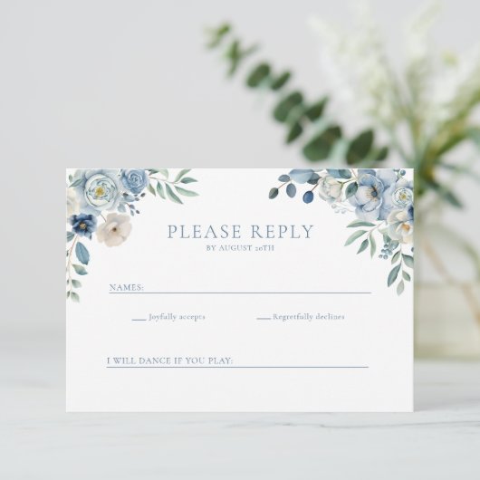 Dusty Blue Floral Wildflower Wedding RSVP Briefkaa Bedankkaart (Staand voorkant)