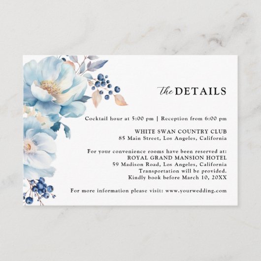Dusty Blue Floral Winter Wedding Detail Informatiekaartje (Voorkant)
