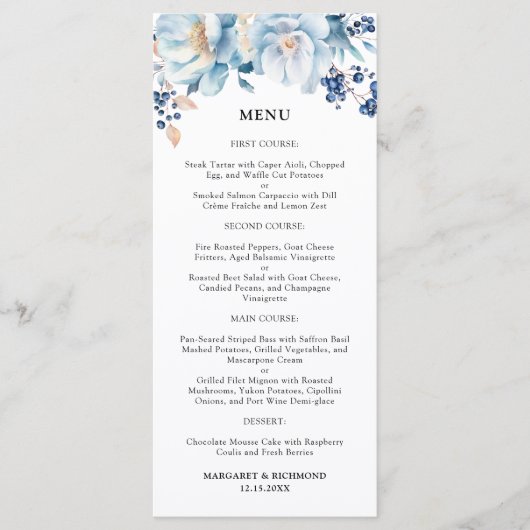 Dusty Blue Floral Winter Wedding Menu (Voorkant)