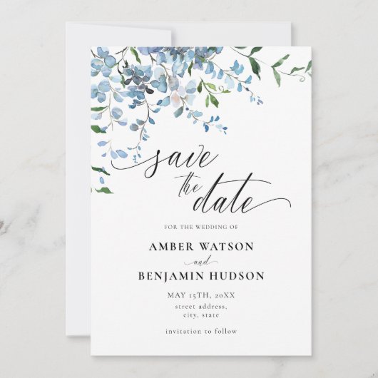 Dusty Blue Floral Wisteria Wedding Save the Date Kaart (Voorkant)