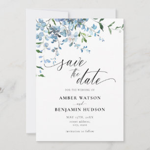 Dusty Blue Floral Wisteria Wedding Save the Date Kaart