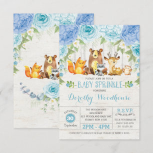 Dusty Blue Floral Woodland Animals Boy Baby shower Kaart