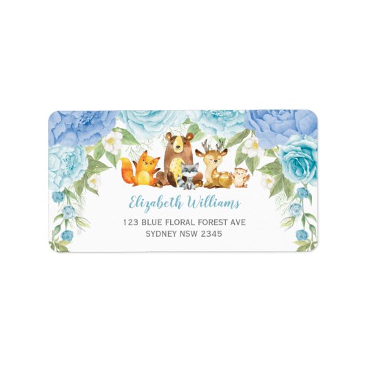 Dusty Blue Floral Woodland Animals Retouradres Etiket (Voorkant)
