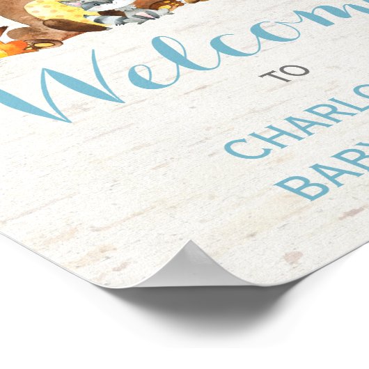 Dusty Blue Floral Woodland Forest Animals Baby Boy Poster (Hoek)