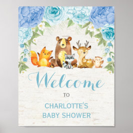 Dusty Blue Floral Woodland Forest Animals Baby Boy Poster