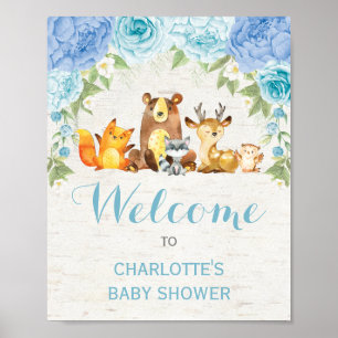 Dusty Blue Floral Woodland Forest Animals Baby Boy Poster