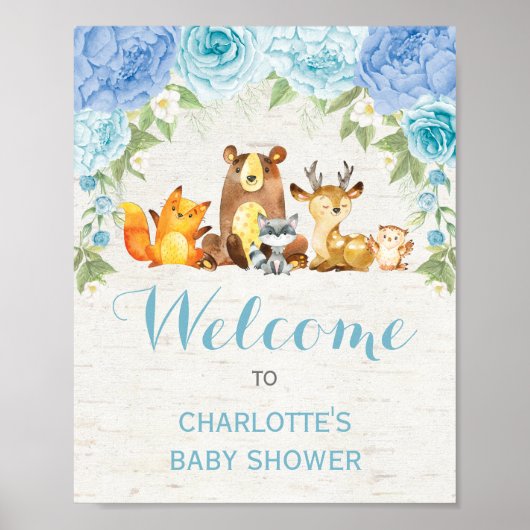 Dusty Blue Floral Woodland Forest Animals Baby Boy Poster (Voorkant)