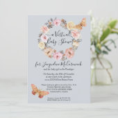 Dusty Blue Floral WreatButterfly Virtual Shower Kaart (Staand voorkant)