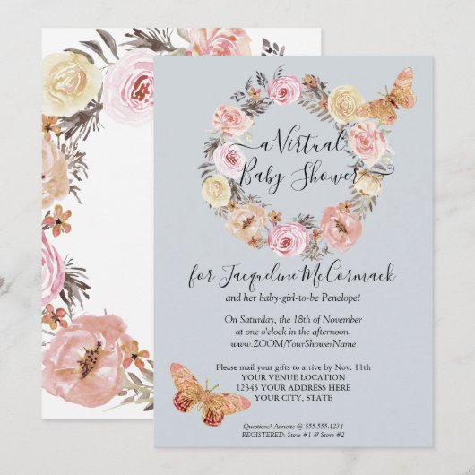 Dusty Blue Floral WreatButterfly Virtual Shower Kaart (Voorkant / Achterkant)