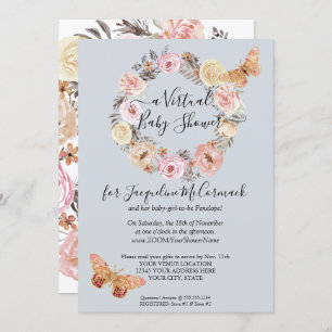 Dusty Blue Floral WreatButterfly Virtual Shower Kaart