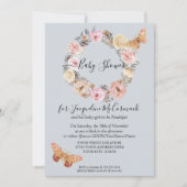 Dusty Blue Floral WreatButterfly Virtual Shower Kaart (Voorkant)