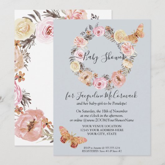 Dusty Blue Floral WreatButterfly Virtual Shower Kaart (Voorkant / Achterkant)