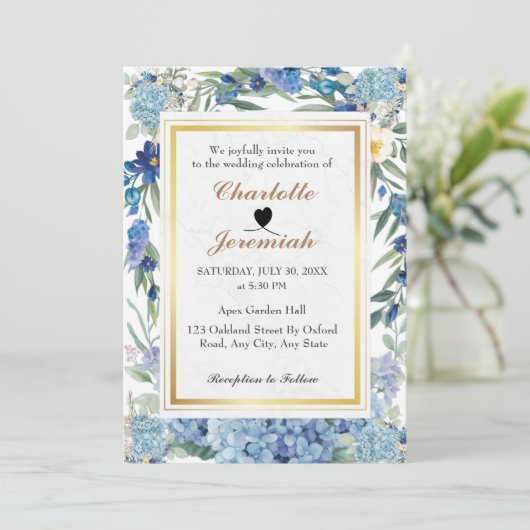 Dusty Blue Floral Wreath Greenery Foliage Wedding Kaart (Staand voorkant)
