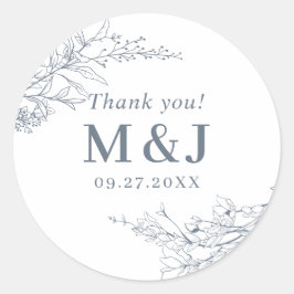 Dusty Blue Floral Wreath Monogram Dank u Ronde Sticker