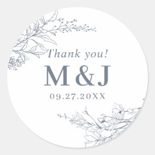 Dusty Blue Floral Wreath Monogram Dank u Ronde Sticker