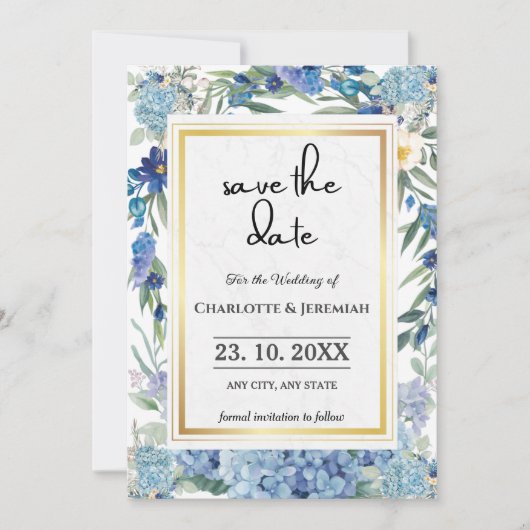 Dusty Blue Floral Wreath Waterverf Greenery Save The Date (Voorkant)