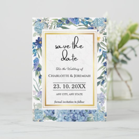 Dusty Blue Floral Wreath Waterverf Greenery Save The Date (Staand voorkant)