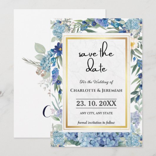 Dusty Blue Floral Wreath Waterverf Greenery Save The Date (Voorkant / Achterkant)