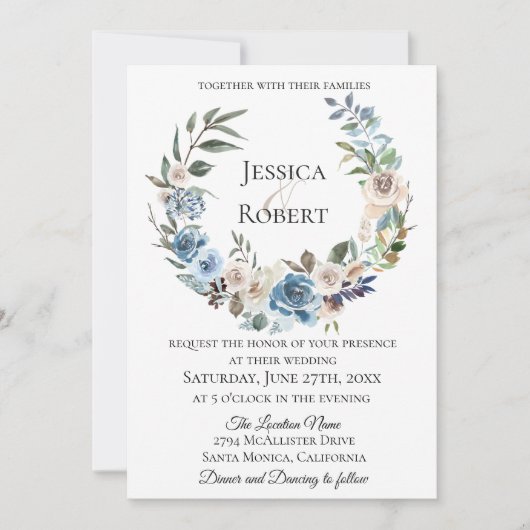Dusty Blue Floral Wreath Wedding Invitation Kaart (Voorkant)
