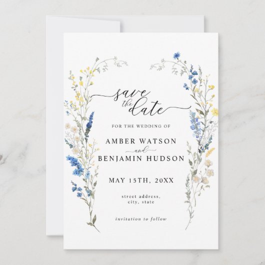 Dusty Blue Floral Wreath Wedding Save the Date Kaart (Voorkant)