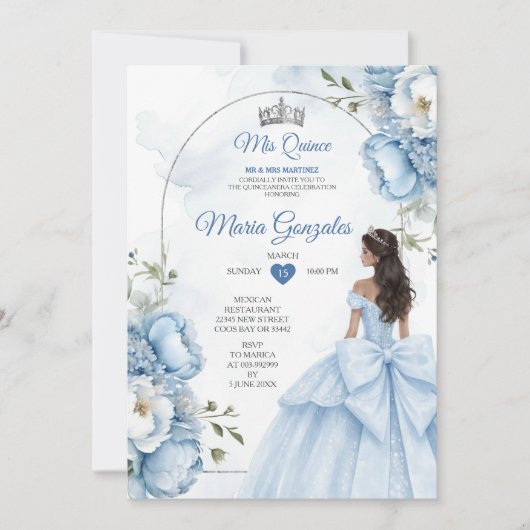 Dusty Blue Floral XV Birthday Invite with Crown Kaart (Voorkant)