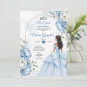 Dusty Blue Floral XV Birthday Invite with Crown Kaart (Staand voorkant)