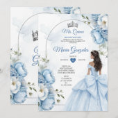 Dusty Blue Floral XV Birthday Invite with Crown Kaart (Voorkant / Achterkant)