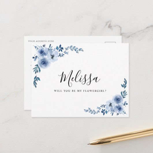 dusty blue floral zal je een bloemetjeskaartje zij briefkaart (Voorkant / Achterkant in situ)