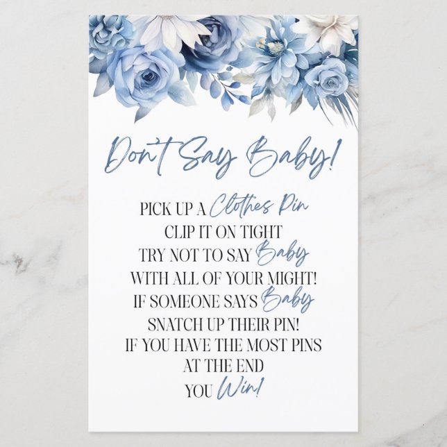 Dusty Blue Floral Zeg geen Baby shower Spel (Voorkant)
