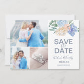 Dusty Blue Florals 3 Foto Collage Save The Date (Voorkant)