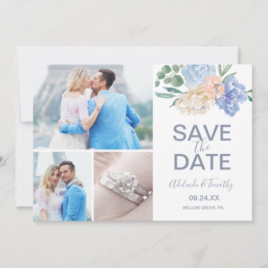 Dusty Blue Florals 3 Foto Collage Save The Date (Voorkant)