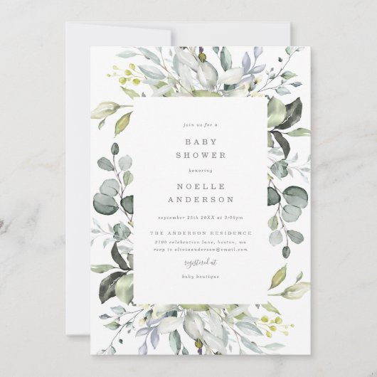 Dusty Blue Florals Baby shower Invitation Kaart (Voorkant)