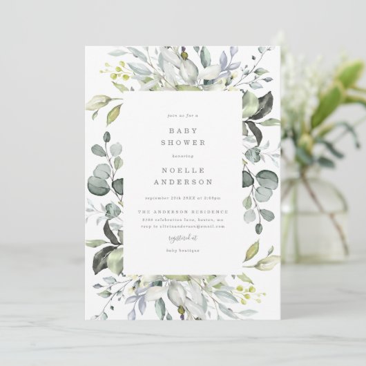 Dusty Blue Florals Baby shower Invitation Kaart (Staand voorkant)