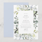 Dusty Blue Florals Baby shower Invitation Kaart (Voorkant / Achterkant)