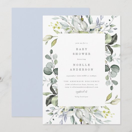 Dusty Blue Florals Baby shower Invitation Kaart (Voorkant / Achterkant)