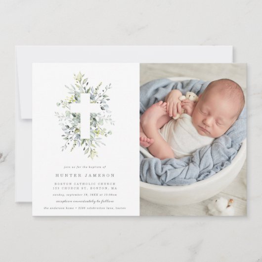Dusty Blue Florals Baptism Fotouitnodiging Kaart (Voorkant)