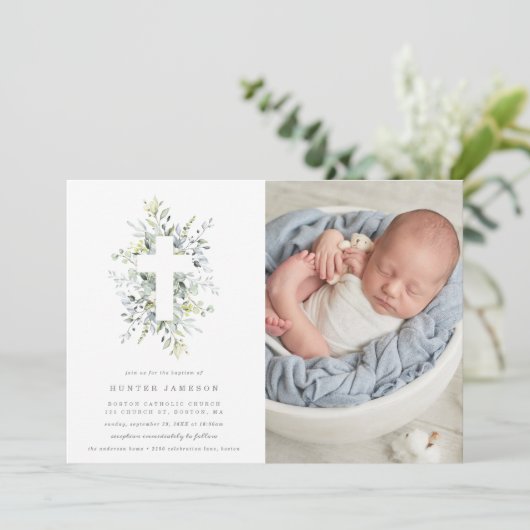 Dusty Blue Florals Baptism Fotouitnodiging Kaart (Staand voorkant)