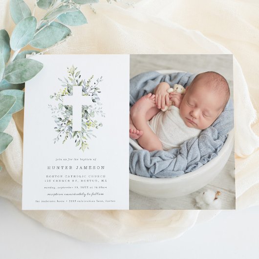 Dusty Blue Florals Baptism Fotouitnodiging Kaart