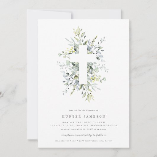 Dusty Blue Florals Baptism Invitation Kaart (Voorkant)