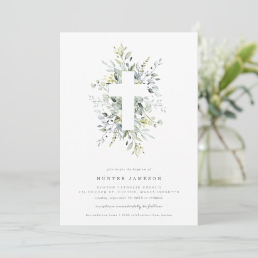 Dusty Blue Florals Baptism Invitation Kaart (Staand voorkant)