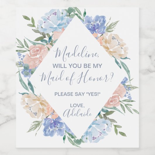 Dusty Blue Florals ben je mijn Bridesmaid Wijn Etiket (Enkel label)