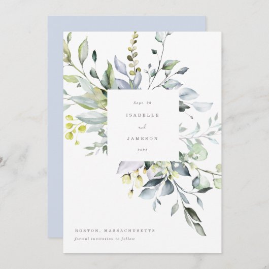 Dusty Blue Florals Bewaar de Datum Menu (Voorkant / Achterkant)