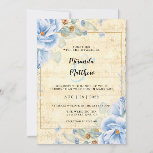 Dusty Blue Florals  blad Music Wedding Kaart (Voorkant)