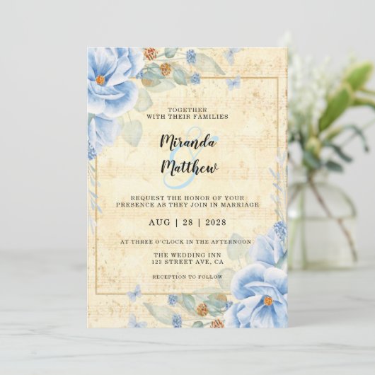 Dusty Blue Florals  blad Music Wedding Kaart (Staand voorkant)