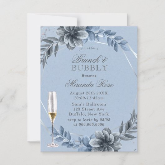 Dusty Blue Florals Brunch en Bubble Invite Kaart (Voorkant)