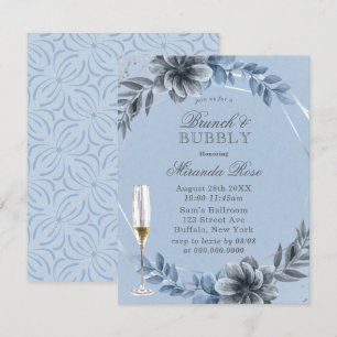 Dusty Blue Florals Brunch en Bubble Invite Kaart