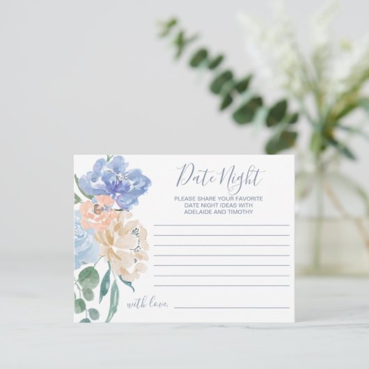 Dusty Blue Florals Date Night Idee Kaarten (Staand voorkant)
