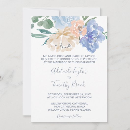 Dusty Blue Florals Formal Wedding Kaart (Voorkant)